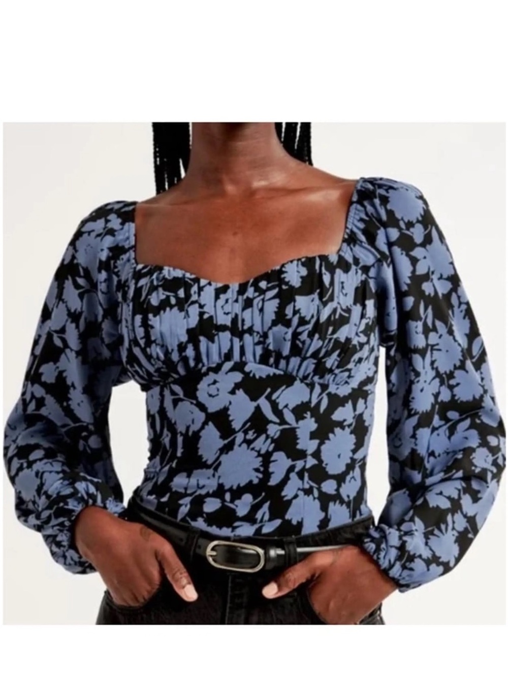 Abercrombie & Fitch Black and Blue Floral Square-Neck Blouse